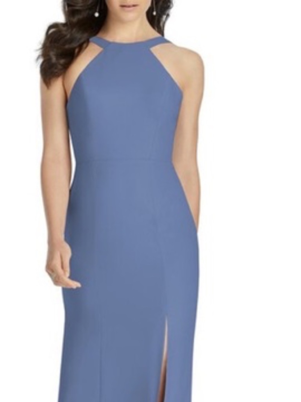 NWT Dessy Collection Cutaway Shoulder Blue Crepe Column Gown SZ 8